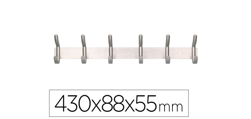 Perchero liderpapel pared metalico 6 colgadores color plata mate 430x88x55 mm