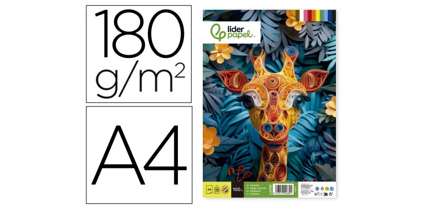 Cartulina liderpapel a4 180g/m2 25 colores surtidos paquete de 100 hojas