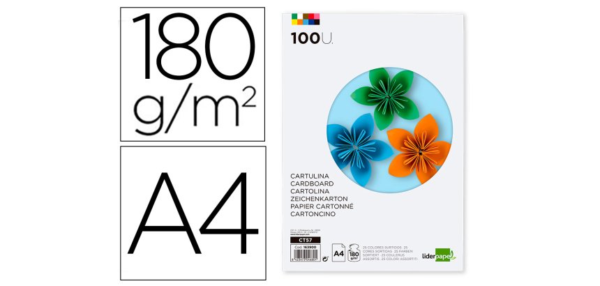 Cartulina liderpapel a4 180g/m2 25 colores surtidos paquete de 100 hojas