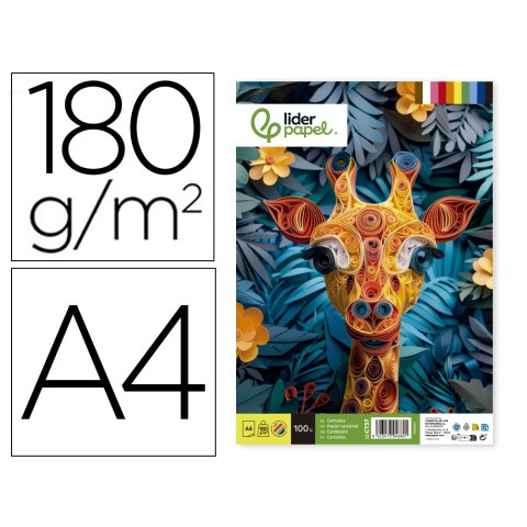 Cartulina liderpapel a4 180g/m2 25 colores surtidos paquete de 100 hojas