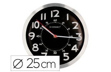 Reloj q-connect de pared metalico redondo 25 cm movimiento silencioso color negro con esfera cromado