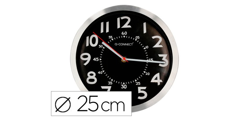 Reloj q-connect de pared metalico redondo 25 cm movimiento silencioso color negro con esfera cromado