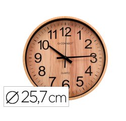 Reloj q-connect de pared de plastico redondo 25,7 cm movimiento silencioso color madera natural