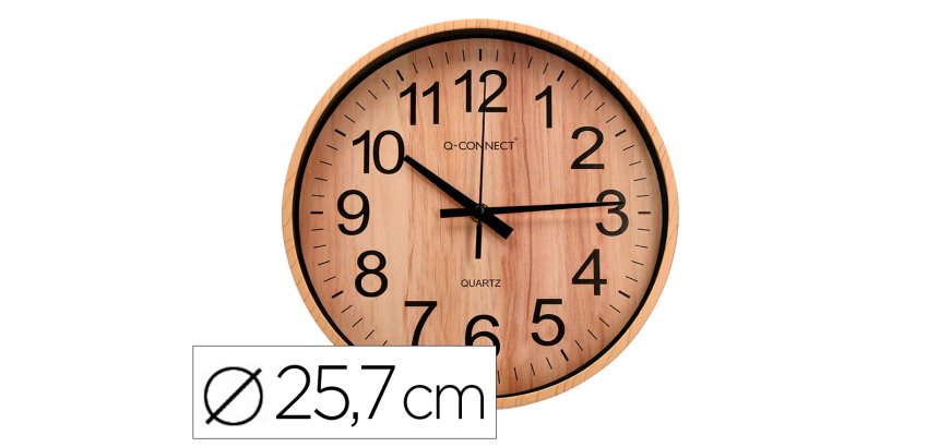 Reloj q-connect de pared de plastico redondo 25,7 cm movimiento silencioso color madera natural