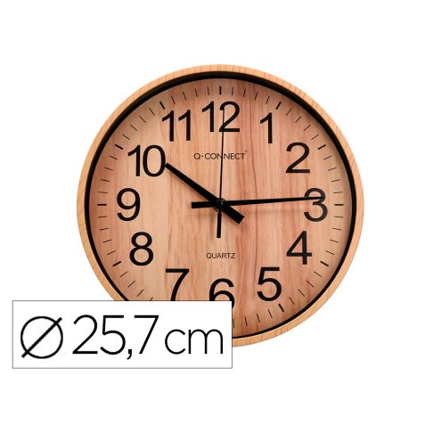 Reloj q-connect de pared de plastico redondo 25,7 cm movimiento silencioso color madera natural