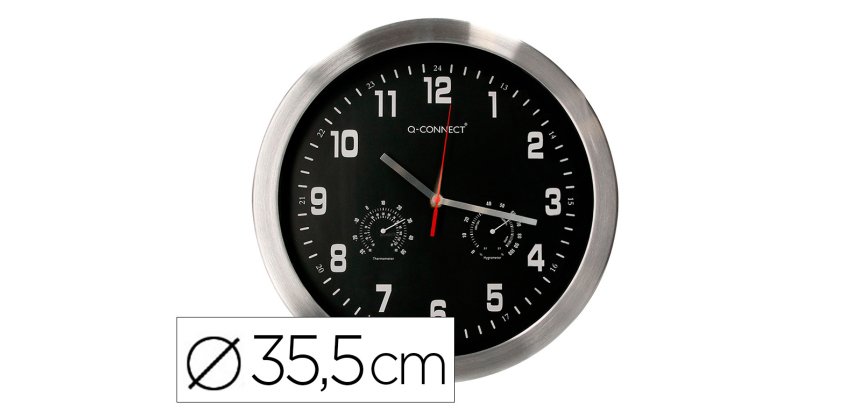 Reloj q-connect de pared metalico redondo 35,5 cm movimiento silencioso color cromado con esfera negra
