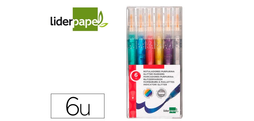 Rotulador liderpapel efecto purpurina metalizada punta reversible bolsa de 6 unidades colores surtidos