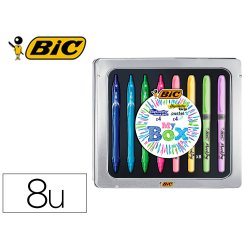 Set bic caja metalica 4 gelocity quick dry colores surtidos + 4 fluorescentes grip colores pastel surtidos