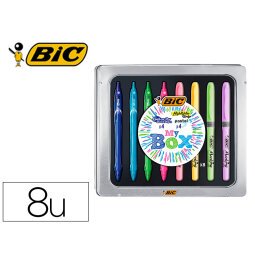 Set bic caja metalica 4 gelocity quick dry colores surtidos + 4 fluorescentes grip colores pastel surtidos