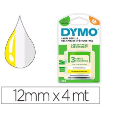 Cinta dymo metalizada letratag 12mm x 4mt papel blanco / plastico amarillo / metalica plata pack de 3