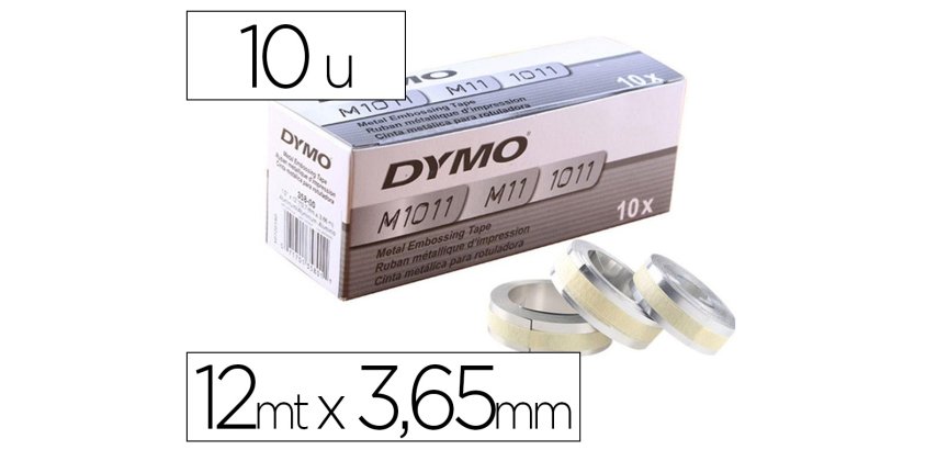 Cinta dymo aluminio con adhesivo 12mm x 3,65mt para rotuladora industrial m1011 caja de 100 unidades