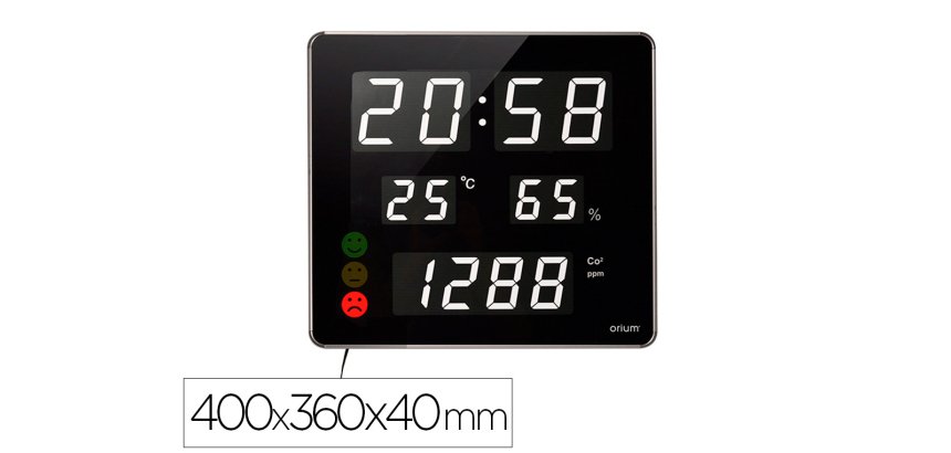 Reloj orium cep con medidor de co2 pantalla led alarma personalizable y sensor de infrarrojos 400x360x40 mm