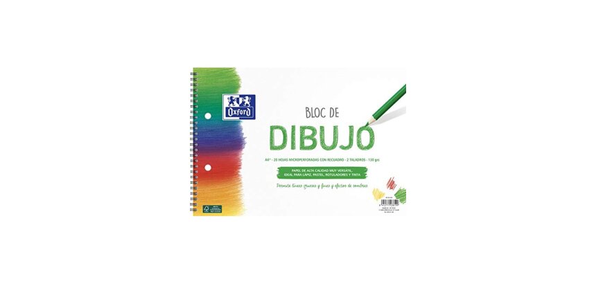Bloc de dibujo oxford espiral din a4+ 20 hojas con recuadro 2 taladros 130 gr