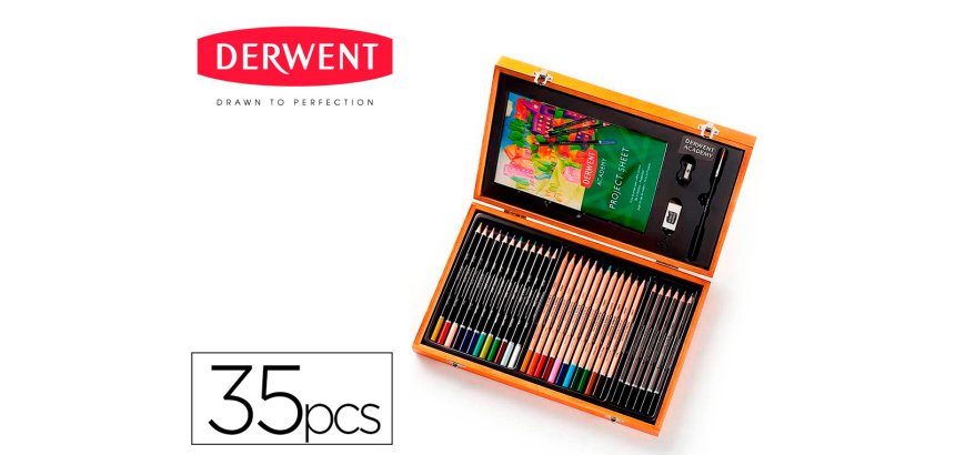 Estuche de pintura derwent academy madera lapices de colores 35 piezas