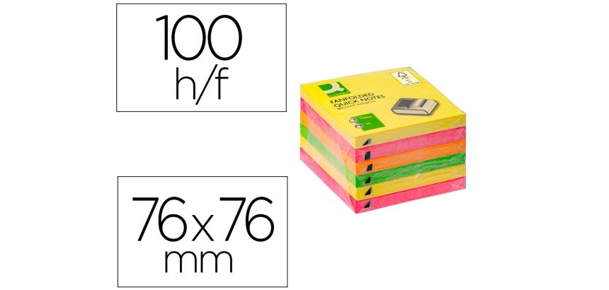 Bloc de notas adhesivas quita y pon q-connect 76x76 mm colores neon surtidos zig-zag