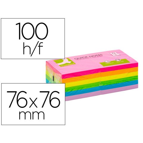 Bloc de notas adhesivas quita y pon Q-connect 76 x 76 mm colores neon y pastel surtidos