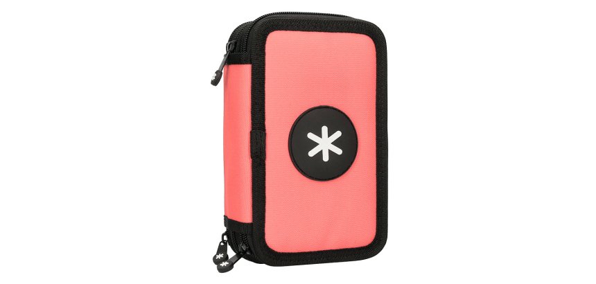 Plumier escolar antartik triple cremallera color coral 36 piezas