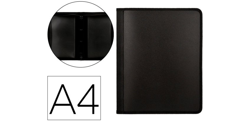 Carpeta liderpapel 4 anillas 25 mm polipropileno cierre cremallera 4 bolsillos interiores con ribete color negro
