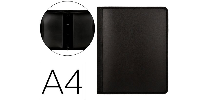 Carpeta liderpapel 4 anillas 25 mm polipropileno cierre cremallera 4 bolsillos interiores con ribete color negro