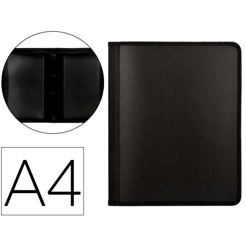 Carpeta liderpapel 4 anillas 25 mm polipropileno cierre cremallera 4 bolsillos interiores con ribete color negro