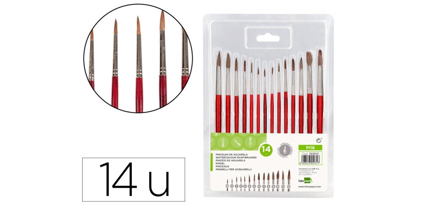 Pinceles acuarela liderpapel virola cromada pelo engomado blister de 14 unidades surtidas
