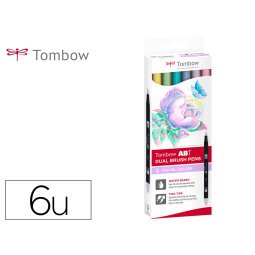 Rotulador tombow abt dual brush acuarelable doble punta fina/pincel estuche de 6 colores pastel