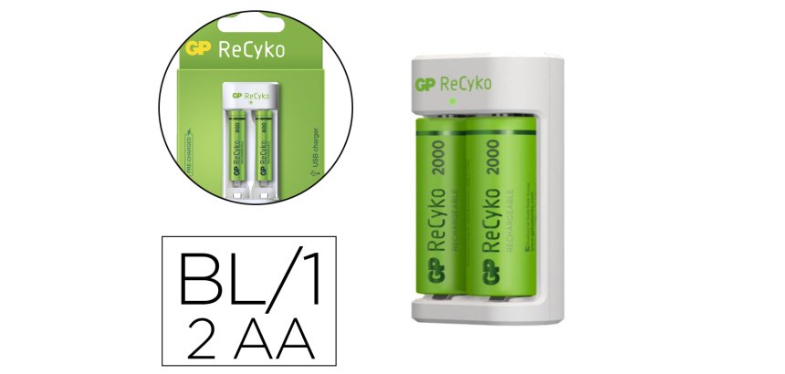 Cargador para 2 pilas recargables gp aa/aaa incluye 2 pilas aa 2100 mah