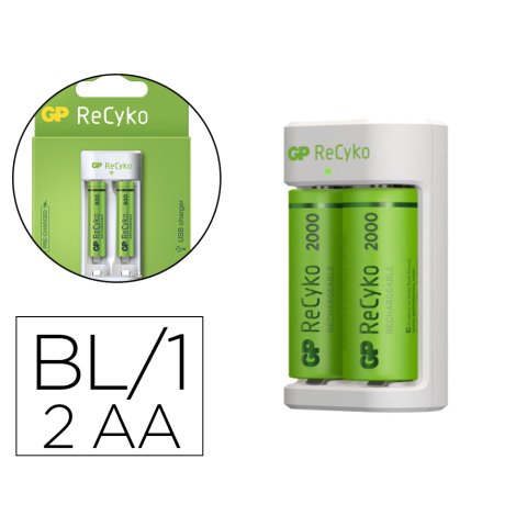 Cargador para 2 pilas recargables gp aa/aaa incluye 2 pilas aa 2100 mah
