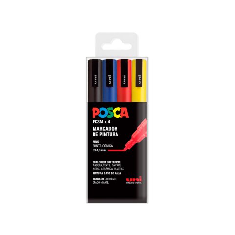 Rotulador uni posca pc-3m/4c marcador de pintura punta conica 0,9-1,3 mm estuche de 4 unidades colores basicos