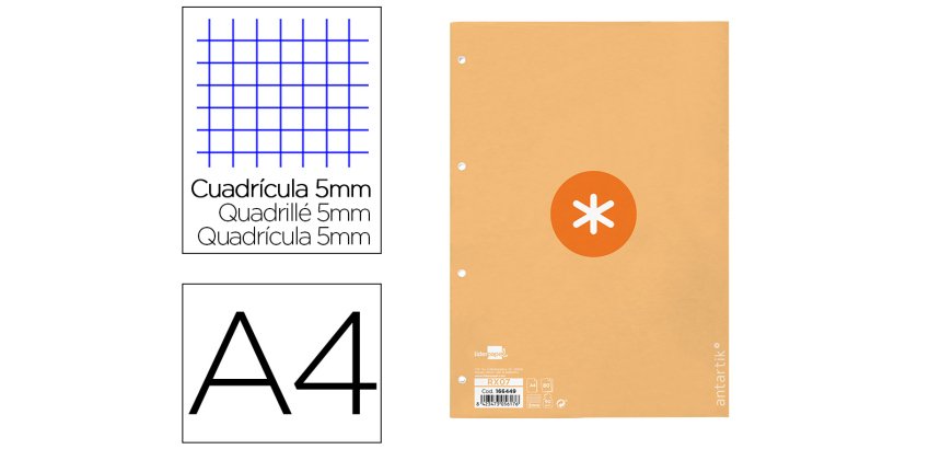 Recambio liderpapel A4 antartik 80 hojas 90g/m2 cuadro 5mm 4 taladros 1 banda con marco color amarillo