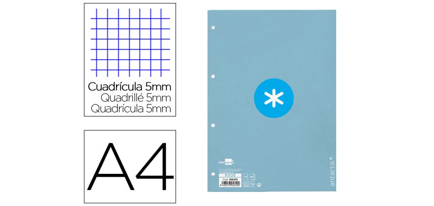 Recambio liderpapel A4 antartik 80 hojas 90g/m2 cuadro 5mm 4 taladros 1 banda con marco color celeste