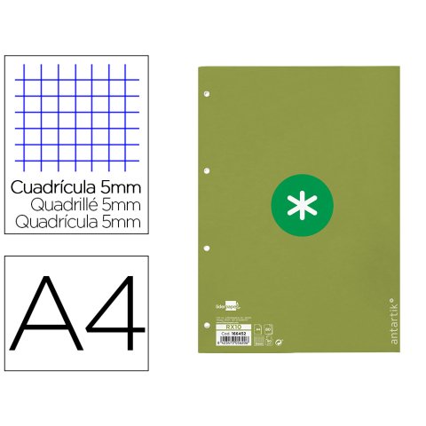 Recambio antartik a4 80 hojas 90gr cuadro 5mm 4 taladros 1 banda con marco color verde