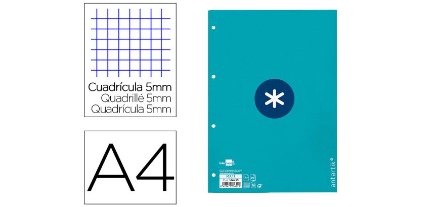 Recambio antartik a4 80 hojas 90gr cuadro 5mm 4 taladros 1 banda con marco color turquesa