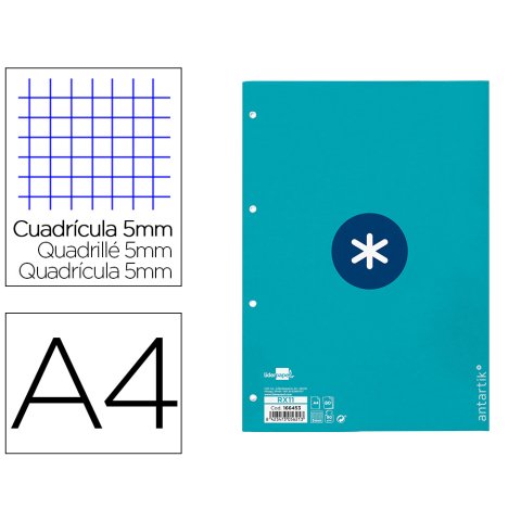 Recambio antartik a4 80 hojas 90gr cuadro 5mm 4 taladros 1 banda con marco color turquesa