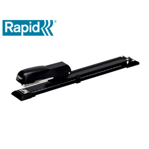 Grapadora rapid e15 metalica brazo largo capacidad 20 hojas usa grapas 24/6 y 26/26 color negro