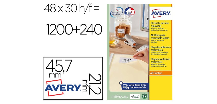 Etiqueta adhesiva avery blanca removible para laser ink-jet fotocopiadora 45,7x 21,2 mm caja de 1200 unidades