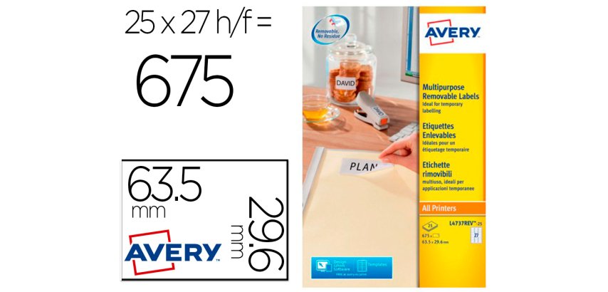 Etiqueta adhesiva avery blanca removible laser ink-jet fotocopiadora 63,5 x 29,6 mm caja de 675 unidades