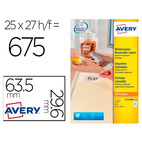 Etiqueta adhesiva avery blanca removible laser ink-jet fotocopiadora 63,5 x 29,6 mm caja de 675 unidades