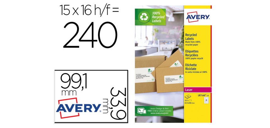 Etiqueta adhesiva avery blanca permanente reciclada 100% laser 99,1x33,9 mm caja de 240 unidades