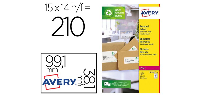 Etiqueta adhesiva avery blanca permanente reciclada 100% laser 99,1x38,1 mm caja de 210 unidades