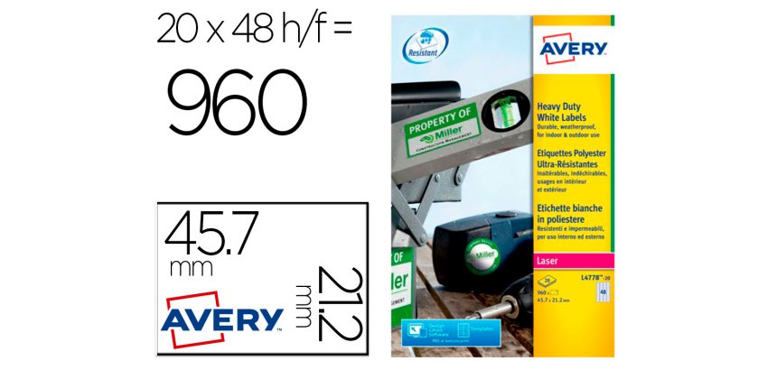 Etiqueta adhesiva resistente avery poliester blanco laser 45,7x21,2 mm caja de 960 unidades