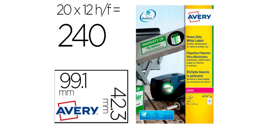 Etiqueta adhesiva resistente avery poliester blanco laser 99,1x42,3 mm caja de 240 unidades