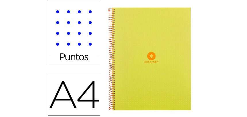 Cuaderno espiral a4 micro antartik dots tapa forrada 80h 90 gr rayado puntos 1 banda 4 taladros amarillo