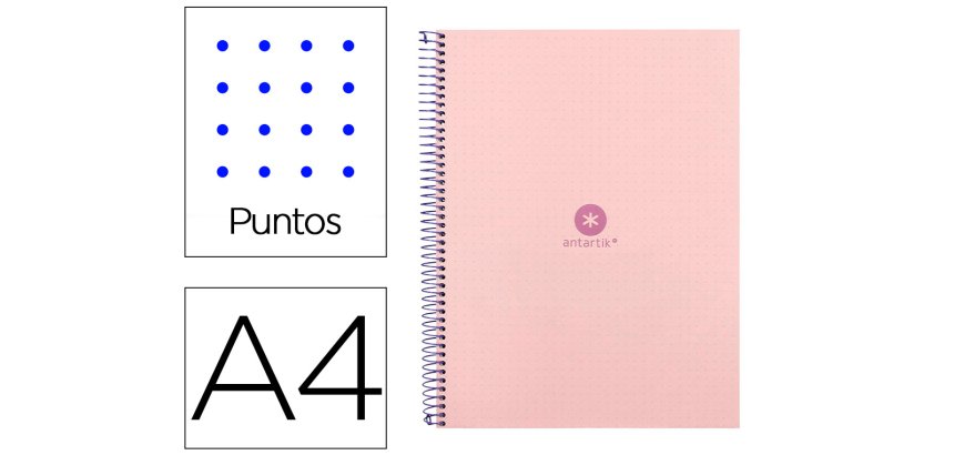 Cuaderno espiral a4 micro antartik dots tapa forrada 80h 90 gr rayado puntos 1 banda 4 taladros rosa