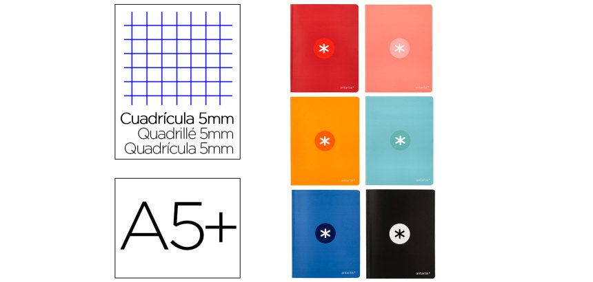 Libreta antartik a5+ plus cosida 48 hojas 90gr cuadro 5mm con margen 6 colores surtidos