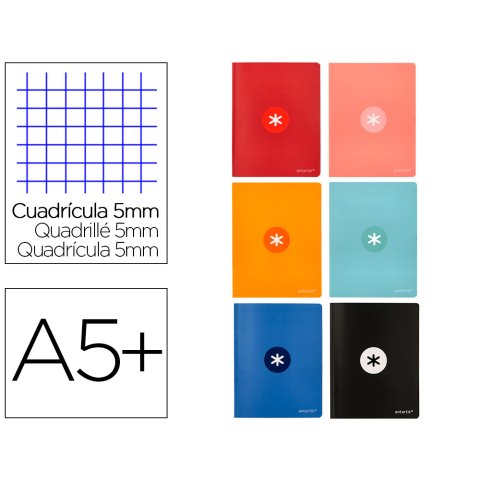 Libreta antartik a5+ plus cosida 48 hojas 90gr cuadro 5mm con margen 6 colores surtidos