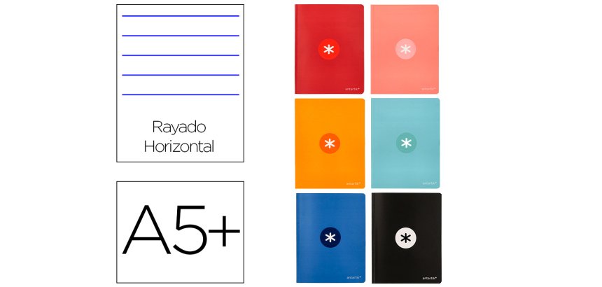 Libreta antartik a5+ plus cosida 48 hojas 90gr rayado horizontal con margen 6 colores surtidos