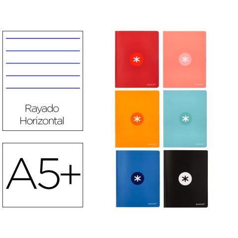 Libreta antartik a5+ plus cosida 48 hojas 90gr rayado horizontal con margen 6 colores surtidos