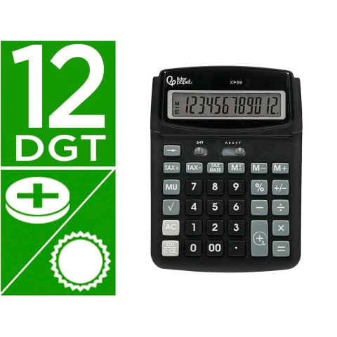 Calculadora liderpapel sobremesa xf39 12 digitos solar y pilas color negro 190x140x32 mm 40% reciclada