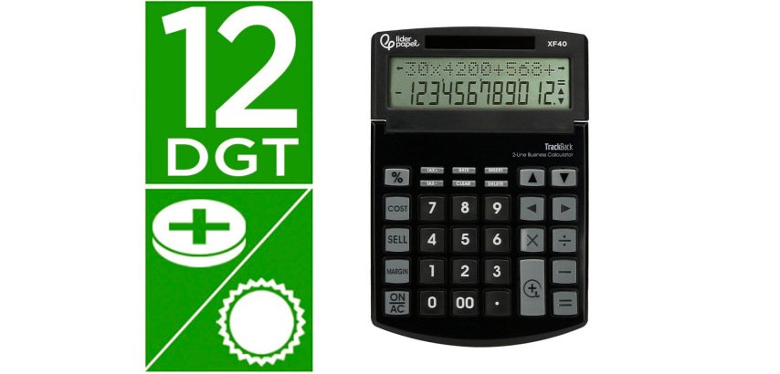 Calculadora liderpapel sobremesa xf40 12 digitos dos lineas solar y pilas negro 175x120x30 mm 40% reciclada